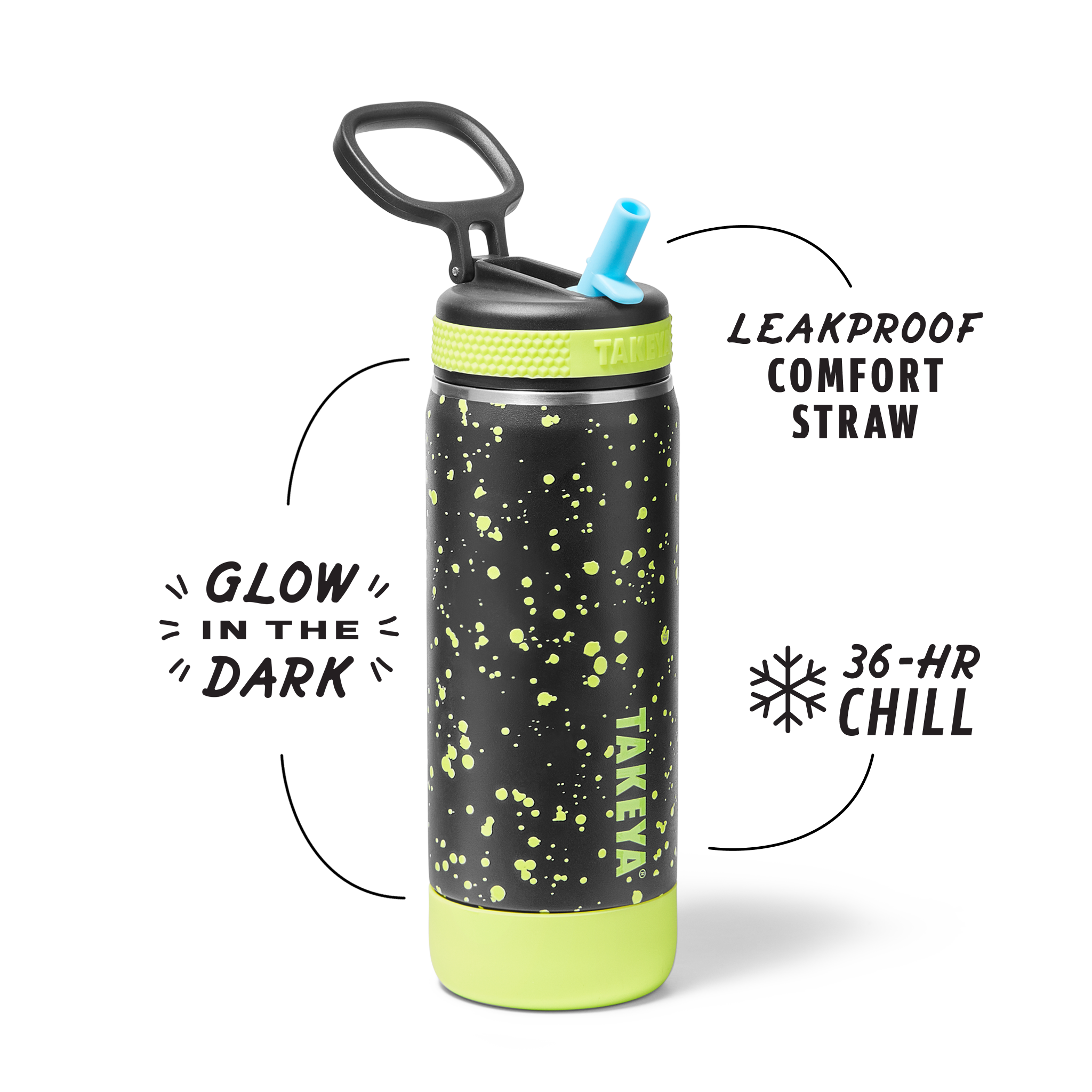 Glow In The Dark Sport Kids Water Bottle Confetti With Straw Lid